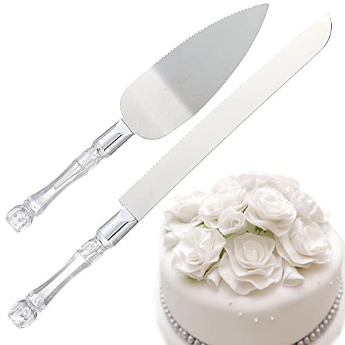 Cake Knife and Server Set, Cake Cutter and Pie Spatula,Stainless Steel Blade Faux Crystal Handle Wedding Cake Cutting Set, Silver Knife Set for Party, Birthday, and Anniversary (Clear Silver) - color: Clear Silver