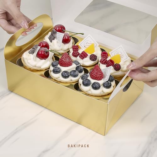 Cupcake Boxes, 4/6/8 Cupcake Containers with Window and Inserts, Cupcake Holders for Cupcakes, Muffins, Desserts, Pastries (Gold-6 count)