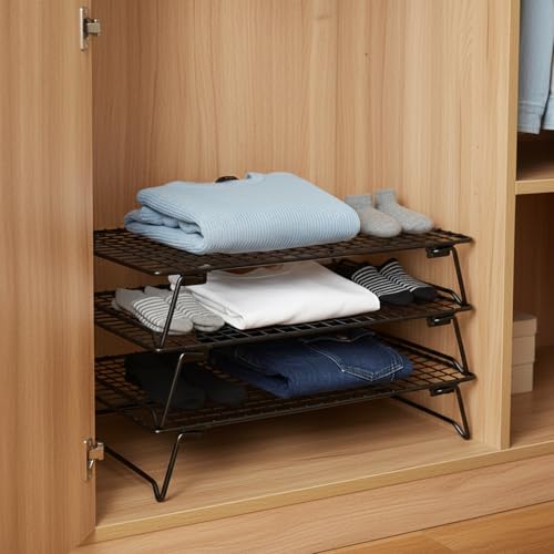 3 Pack Stackable Cooling Racks for Baking, 13.5 x 10 Inch Stainless Steel Wire Racks with Folding Legs, Oven Safe Baking Racks for Cookies, Cakes and Meat, Includes 50 Parchment Paper Sheets