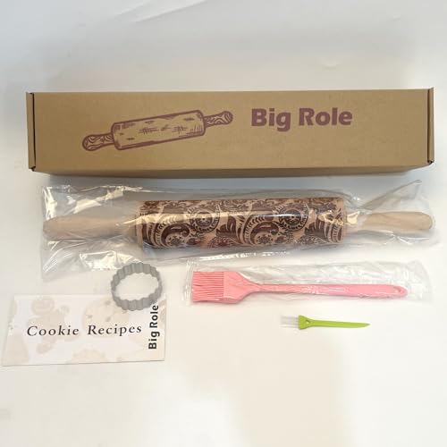 Christmas Embossed Rolling Pin for Baking Cookies Embossing Rolling Pins with Design Wooden Engraved Springerle Roller Pin Dough Snowflake Paisley Patterned Clay Pottery Ceramic Bakers (Floral Frost) - color: Floral Frost