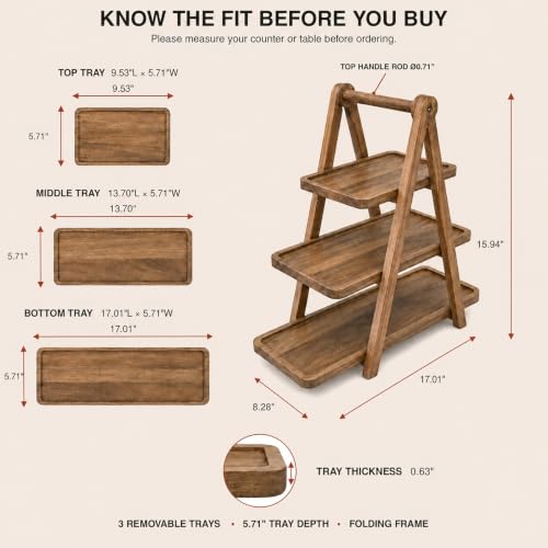 Acacia Wood 3 Tier Foldable Serving Tray, Farmhouse Tiered Display Stand for Charcuterie, Cheese, Desserts & Snacks, Wooden Organizer for Kitchen Counter, Coffee Bar and Party Entertaining