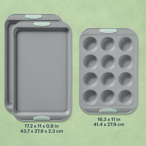 Pyrex 3-Piece Metal Cookie & Muffin Sheet Bakeware Set, Sage - color: Sage, size: 3 Piece Value Pack