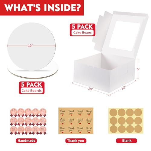 5 Pack Cake Boxes, 10X10X5 In, Disposable Cake Containers with Lids
