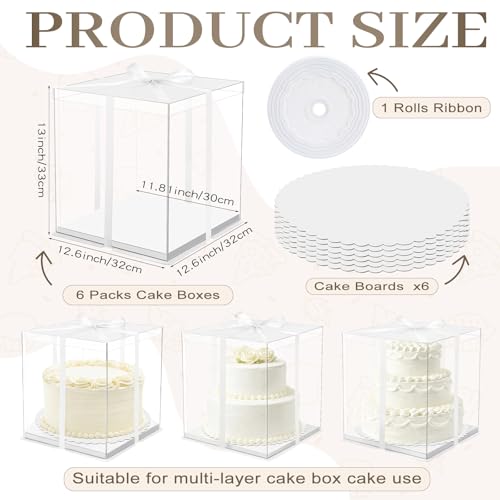 Watersay 6 Pack 12''x12''x13'' White Cake Box with Cake Boards and Ribbon - color: White, size: 12''x12''x13''