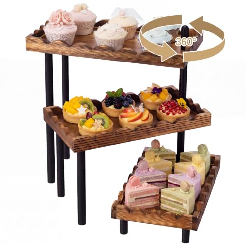 3 Tier Serving Tray & Wood Display Risers for Party,Rotatable Cupcake Stand