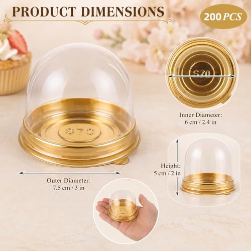 RHBLME 200 Pack Mini Bundt Cake Containers, Clear Plastic Small Cake Boxes with Dome Lids Mini Cupcake Boxes, Dome Muffin Single Container for Cookies Cheesecake Mooncake Desserts