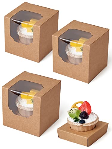 Happyhiram 100 Pack Brown Kraft Single Cupcake Boxes with Inserts & Window - color: Kraft Brown, size: 100-Count