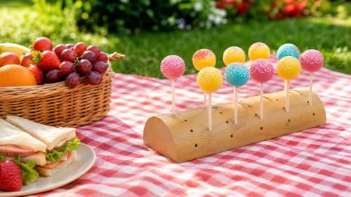 Bamboo- Cake Pop Stand Semi-Cylinder - Wooden Lollipop Holder Display with 36 Staggered Holes for Dessert Table, Party, Wedding - Rustic Cake Pop Stand with 50 Sticks