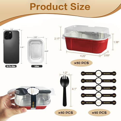 mini loaf pans with lids and spoons 50 Pack,5.5 oz Rectangle mini individual cake tins Disposable Small Aluminum Foil Baking pans(50, Red) - color: Red