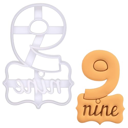 BAKERLOGY Number 9 Cookie Cutter – “Nine” Embossed Design for – Baking Stamp for 9th Birthday Cakes, Anniversary Cupcakes, Age-Themed Cookies, and Party Decorations