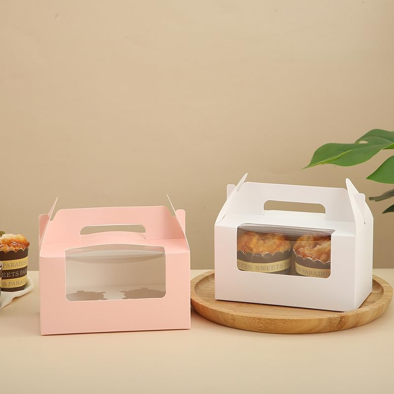 JIYIXHylera 30Pcs 16.5×9.5×9cm/6.49×3.74×3.54 inch Kraft Paper Cupcake Packing Box Christmas Gift Box with Clear Window 2 Cavity Muffin Cupcake Wedding Party Birthday Favors (30Pcs Pink) - color: 30Pcs Pink