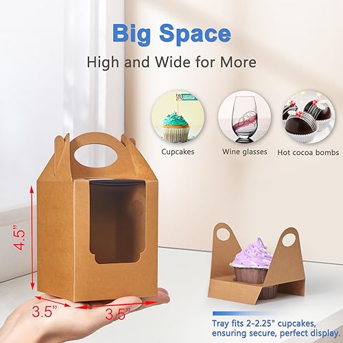 Cupcake Boxes 100 pcs, Individual Cupcake Carrier Brown with Window Insert and Handle Pastry Containers Single Muffins Container for Bakery Wrapping Party Favor Packing - color: Brown, size: 100