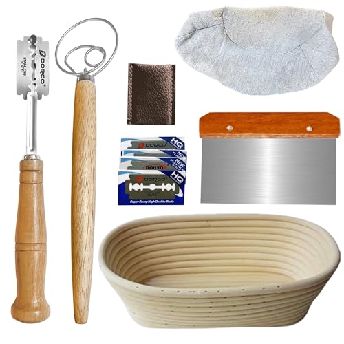 10inch Oval Banneton Proofing Basket Set Bread Baking Kit, Dough Scraper, Bread Lame, Danish Dough Whisk Sourdough Proofing Basket Artisanal Bread Making Tools and Supplies Set - size: 10inch oval