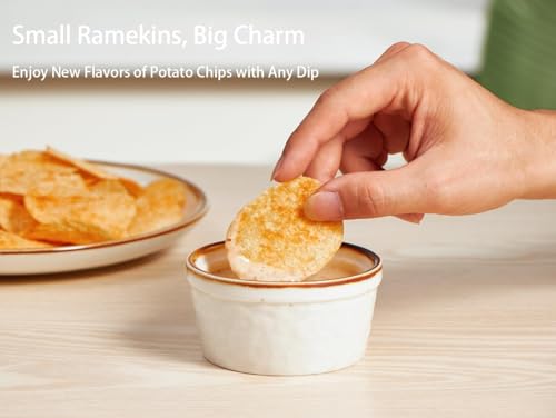 ONEMORE Ramekins 4 oz, Oven Safe Creme Brulee Ramekin Set of 6 for Baking, Speckled Ceramic Souffle Dishes with Brown Rim for Pudding Ice Cream, Porcelain Custard Cups Mini Bowls - Creamy White - size: 4 oz