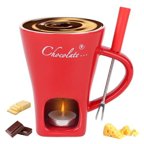 Chocolate Fondue Mug with Fork and Tealights, Sweet Chocolate Melting Cup