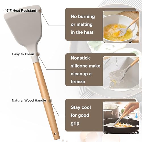 E-far Silicone Cooking Utensils Set, 10-Piece Heat Resistant Kitchen Utensils Set with Wooden Handle for Nonstick Cookware, Kitchen Nonstick Tools Spatula Whisk Tongs Ladle, Non-toxic & Healthy(Khaki) - color: Khaki, size: 10