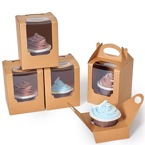 Cupcake Boxes 50 pcs, Individual Cupcake Containers Brown with Window Insert and Handle, Pastry Box Single Muffins Holder Disposable for Bakery Wrapping Party Favor Packaging - color: Brown, size: 50