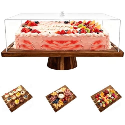 17" Acacia Wood Cake Stand with Lid, Rectangle Cake Stand,