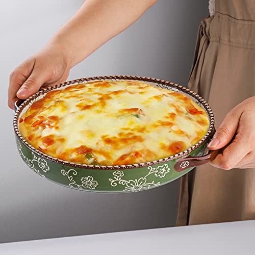 AVLA 2 Pack Ceramic Pie Pan, 9 Inch Round Baking Dish with Double Handle, 28 Ounce Deep Quiche Plates for Kitchen, Cooking, Roasting Lasagna (Sakura, Green) - color: Green