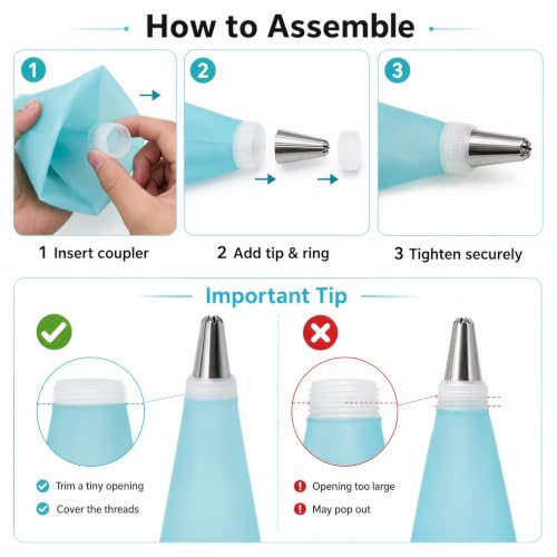 Tamodan Piping Bags and Tips, Cake Piping Bags and Tips Suitable for Beginners Included 100PCS 16 Inch Disposable Piping Bags with 12 Piping Tips Set, 2 Coupler and 1 Reusable Pastry Bags - color: 12 inch