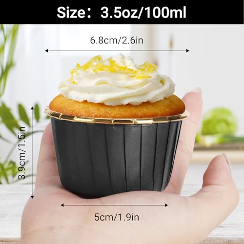 EUSOAR Foil Cupcake Liners, 3.5oz 50pcs Black Gold Disposable Mini Muffin Liners, Individual Aluminum Dessert Pudding Ramekin Cupcake Baking Cups Containers Tin for Wedding Birthday Bakery Party - color: Black/Gold, size: 50pcs