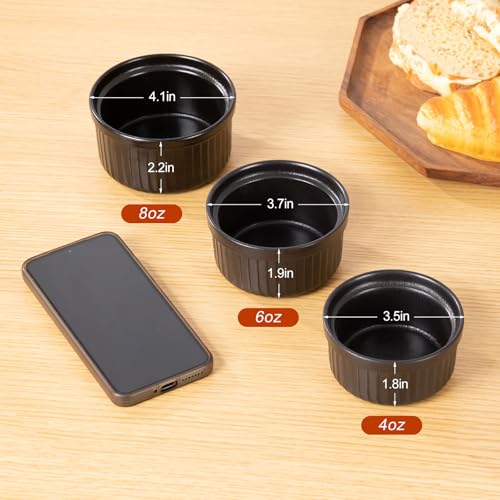 Yachi Ramekins Black, 6 oz Ceramic Set of 6 Stoneware Bakeware for Souffle Sauces Dipping Onion Soup Lava Cake Flan Creme Brulee Kit Pudding Mini Custard Oven Safe - color: Black, size: 6 OZ