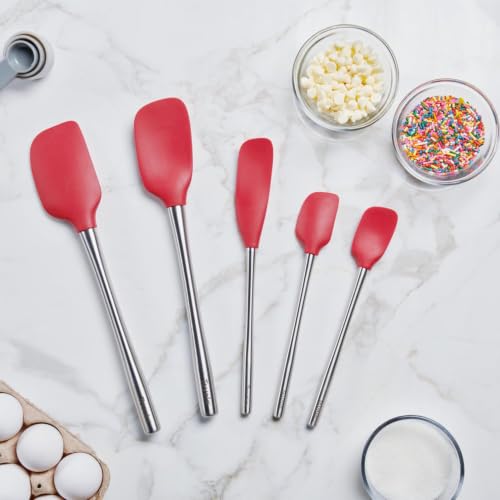 Tovolo Stainless Steel Handled Silicone Spatula Set of 5 Cayenne Red, Dishwasher Safe Kitchen Spatula Set for Cooking Baking, Non Toxic BPA Free Silicone Spatula set with Metal Steel Handle - color: Cayenne, style: Stainless Steel Handle