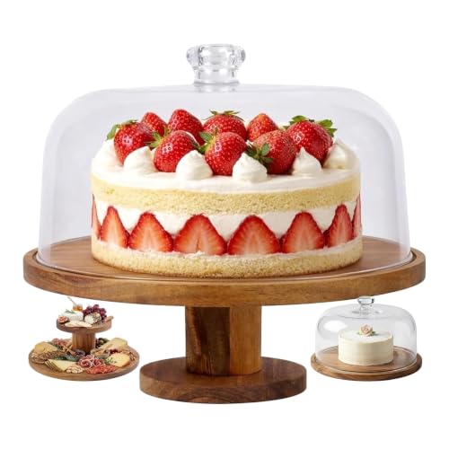 Royalty Art Acacia Wood Cake Stand with Lid, 12 In 3-in-1 Acrylic Dome