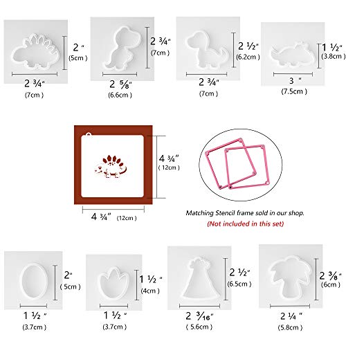 Dinosaur Cookie Cutters with Matching Cookie Stencils -Set of 16-8Pcs Cookie Cutter and 8Pcs Stencils, Include Stegosaurus, T-Rex, Brontosaurus, Triceratops, Dinosaur Egg, Footprint, Volcano and Tree
