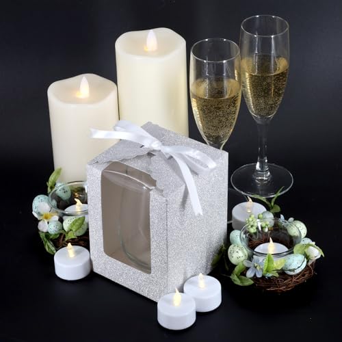Silver Sparkling Favor Boxex-40 Ct Large 4"x4"x5" Clear Window. Includes 2 Ribbons (40 White 40 Black) Stemless Wine Glass Gift Box. Bottom Insert for Durability. Ideal for Weddings, Events, Christmas - color: Silver