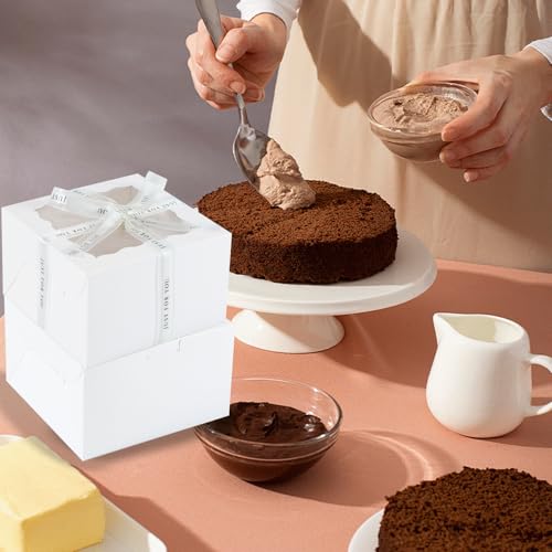 48PCS 9x9x5 Inches Cake Boxes with Window(24 Boxes &24 Boards) , White Bakery Dessert Boxes,Cajas Pasteles for Cake, Cake Carrier Container for Valentine's Day, Mother's Day, Birthday(9*9*5inch/24pcs) - size: White 9*9*5inch/24sets
