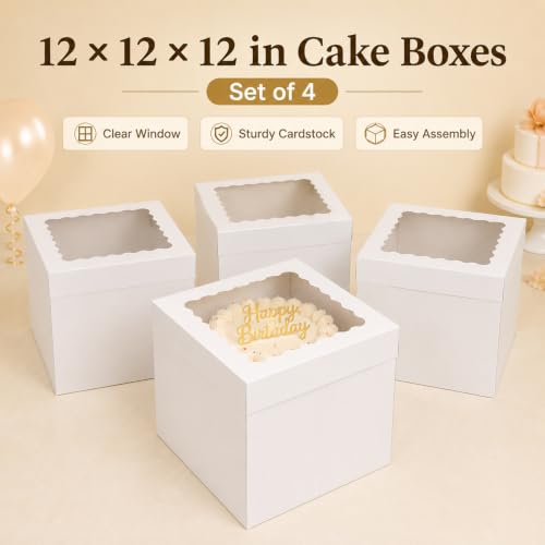 JCD 12x12x12 Corrugated Tall Cake Boxes for 10in Multi Layer Cakes with Clear Window - size: 12*12*12inch/4pcs