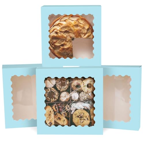 qiqee Auto-pop Up Light Blue Pie Boxes with Window 10x10x2.5 inch 30Packs Cookie Donut Bakery Box - color: Light Blue, size: 10"x10"x2.5"/30 Pcs