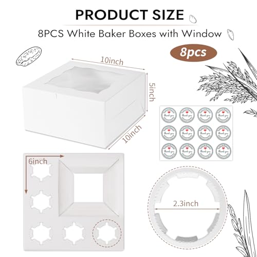 JCD 8 Packs 1+5 Cupcake Box Combo with Clear Window,1 small Cake and 5 Cupcakes Box with insert and Stickers, for Family Birthday Party Mother's day (1+5/8pcs) - size: White 1+5/8Pcs