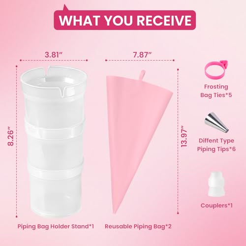 Piping Bag Holder Stand, Clear Cream Icing Bag Holder with 2 Pack 14 Inch Reusable Piping Bags, 5Pcs Pastry Bag Ties, 1 Couplers and 6 Tip for Home Bakers & Professional Chefs