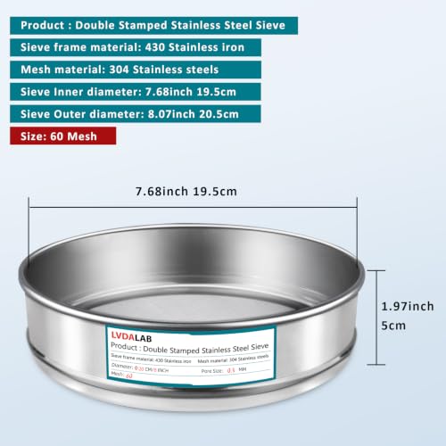 7.9" (20cm) 304 Stainless Steel Lab Sieve, 60 Mesh (0.3mm) Screen Sifter - size: 60Mesh(0.3mm)/Ф7.9in