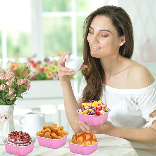 selizo 60 Pack 10oz Mini Disposable Cake Pans with Lids, Aluminum Foil Square Baking Cups, 4.4x4.4 Large Baking Cake Tins Cup Cake Containers with Lids for Thanksgiving Individual Cakes - color: Pink, size: 10oz