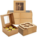 Juvale Cupcake Boxes - 6 x 6 in, 24 Count, Brown - 4-Cup Insert & Clear Window Cupcake Containers & Muffin Boxes