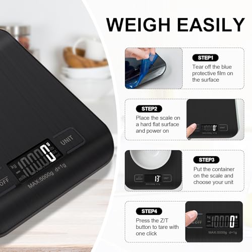 Food Scale, 11lb Kitchen Scale, 0.05oz/1g Weight Grams and Ounces, Black - color: Black