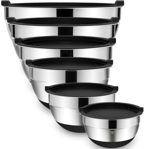 Umite Chef Mixing Bowls with Airtight Lids，6 piece Stainless Steel Metal Nesting Storage Bowls, Non-Slip Bottoms Size 7, 3.5, 2.5, 2.0,1.5, 1QT, Great for Mixing & Serving(Black) - color: Black