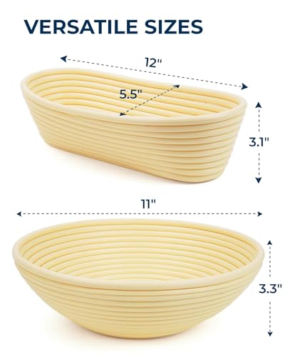 Lorzon Banneton Bread Proofing Baskets Set of 2, 11″ Round & 12″ Oval Sourdough Proofing Baskets with Liners, Proofing Bowls for Sourdough Bread (Plastic) - color: Basic