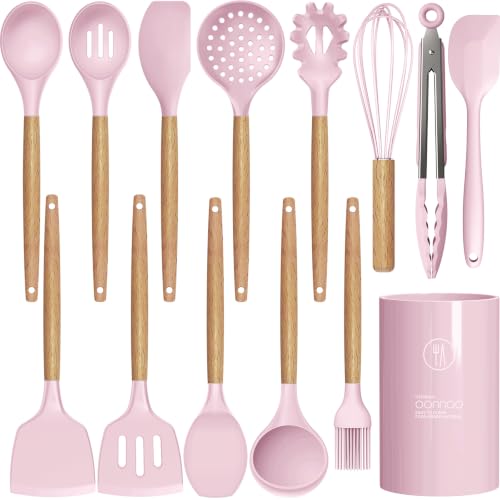 oannao Silicone Kitchen Utensils Set - 446°F Heat Resistant Cooking Utensil Sets, Spatula,Turner,Tongs,Spoon,Whisk, Wooden Handle Silicone Kitchen Gadgets Tools for Non-Stick Cookware BPA Free (Pink) - color: Pink