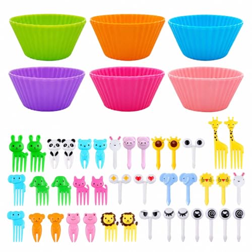 Creative Bento Box Kit: 52-Piece Reusable Silicone Cups & Animal Food Picks for Lunch, Party Snacks, Meal Prep - Microwave & Dishwasher Safe
