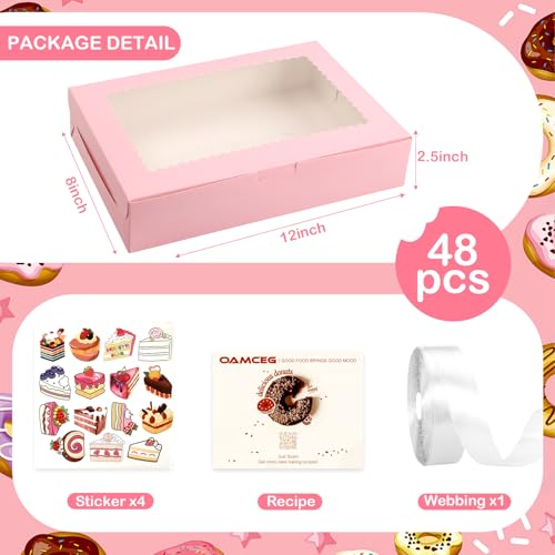 OAMCEG 48 Pack Cookie Boxes with Window, 12x8x2.5 Inch Bakery Treat Boxes for Christmas Holiday Gift Giving, Desserts, Donuts, Pastries-Pink