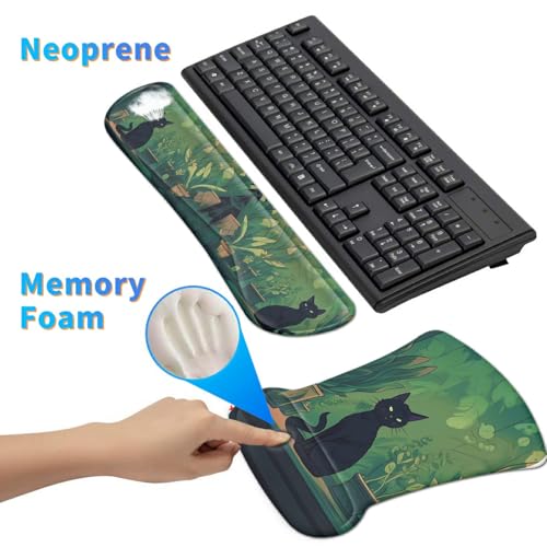 3Pcs Ergonomic Memory Foam Keyboard Wrist Rest Pad Set, Black Cat Leaf - color: Black Cat Leaf
