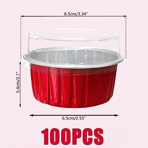 100Pcs Aluminum Cups with Lids,5oz Disposable Ramekin Baking Cups Muffin Liners Mini Pie Pans Foil Cupcake Containers for Christmas Party Wedding Party,Red - color: Red