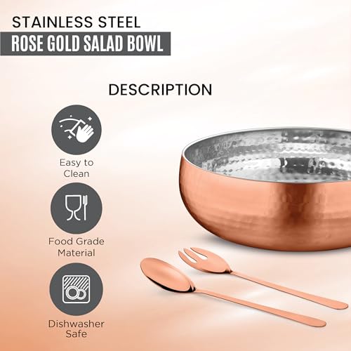 Avador® Set of 3 Premium Stainless Steel Salad Mixing Bowl Hammered Finish | Handmade | Includes Salad Serving Utensils (Rose Gold) - color: Rose Gold