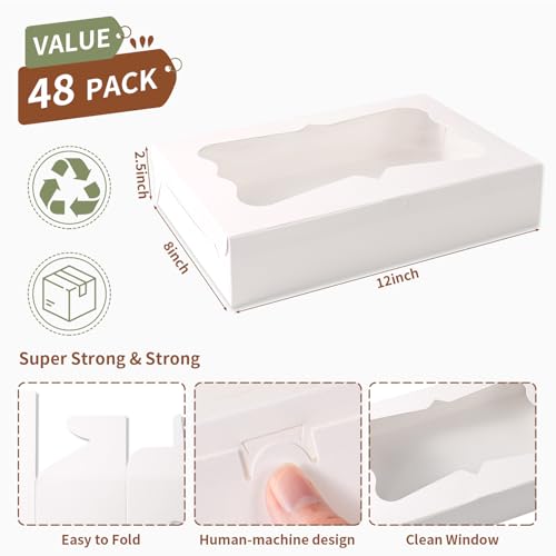 48pcs 12x8x2.5 Inches Bakery Boxes,Cookie Boxes with 3Style for Window,Sturdy Large Treat Box For Chocolate,Strawberries,Dessert,Cakes,Donuts,pastry|350gsm Food-grade Thickness Cardboard - color: White/48pcs