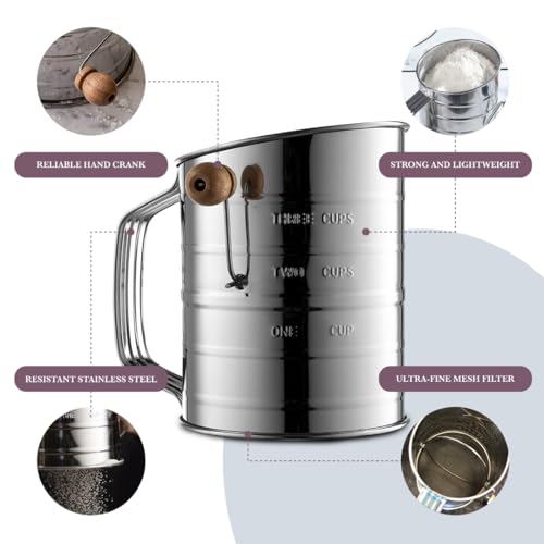 Bellemain 3 Cup Flour Sifter for Baking Fine Mesh Rotary Hand Crank with Loop Agitator for Quick Sifting, Flour Sifter Stainlees Steel (Pack of 2) - size: 3 Cup (Pack of 2)