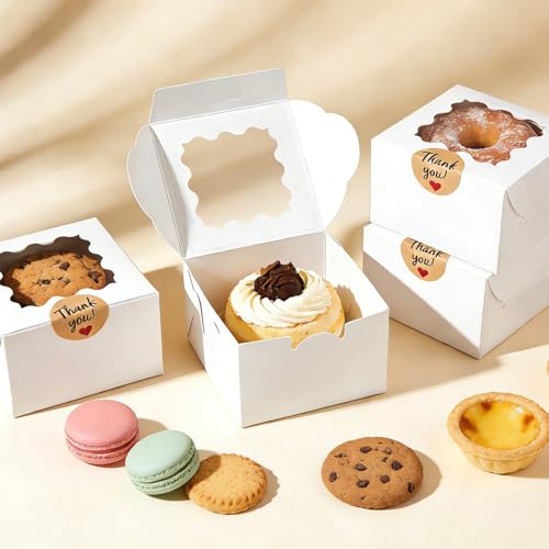 50Pcs Cookie Boxes with Window, 4×4×2.5 Inches White Paper Treat Boxes - size: 4x4x2.5 inches